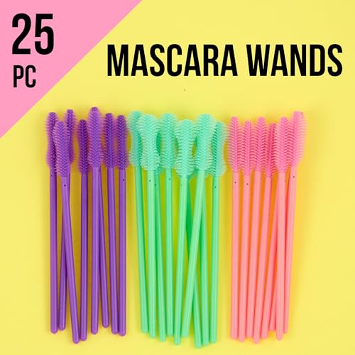 Mascara Wands - 25pc Lash Spoolies, Disposable Mascara Wands w/Multi-Shaped Wand Heads for Applying & Separating Lashes