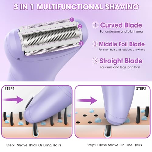 Bikini Trimmer Electric Razors for Women,3 in 1 Body Hair Removal Kit for Face,Pubic,Arm, Leg, Armpit, Bikini Trimmer,Painless IPX6 Waterproof Rechargeable Portable Lady Shavers Wet & Dry Gifts