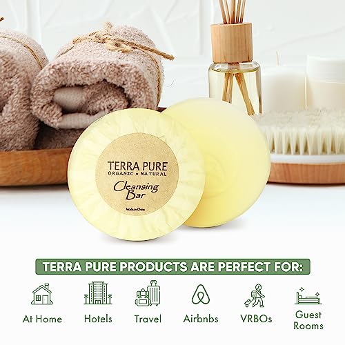Terra Pure Travel Size Hotel Bar Soap 100 Count 0.6 oz Body Bars Guest Amenities for Hotels Vacation Rentals and Short Term Rentals Paraben Free Green Tea Scent Infused with Aloe and Olive Oil