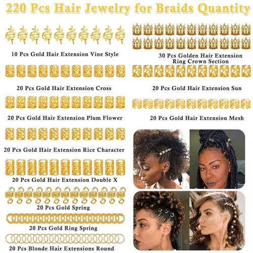 Lucomb 220 Pcs Gold Hair Jewelry for Braids & Dreadlocks