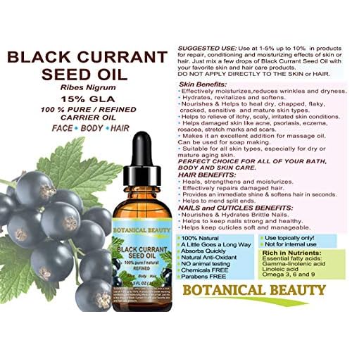 Botanical Beauty BLACK CURRANT SEED OIL. 100% Pure Natural Undiluted Refined Cold Pressed Carrier Oil for Skin, Hair, Lip and Nail Care (4 Fl Oz)