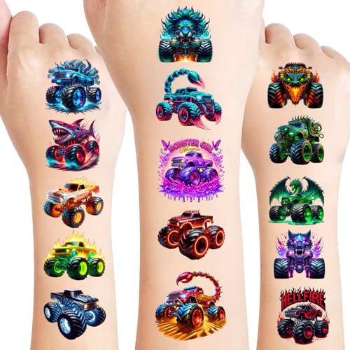 108 PCS Glow in the Dark Monster Truck Temporary Tattoos ? Waterproof Pre-Cut Body Art Stickers with Monster Trucks, Big Rigs & Off-Road Icons | Easy Application