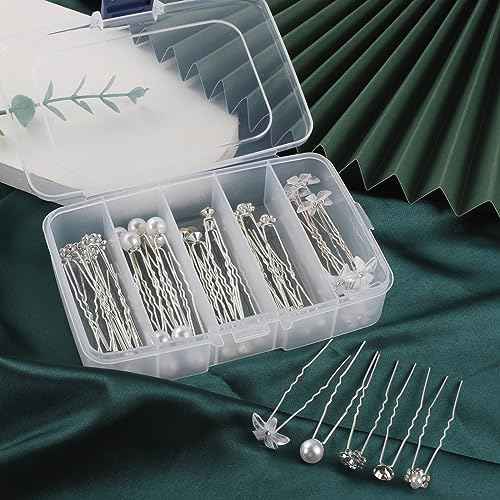 48 Pack 5 Styles Wedding Bridal Hair Pins Hair Accessories Gift, Prom Pearl Rhinestone Hair Pins Crystal Flower Hair Clips Hair Jewelry for Brides Women