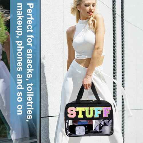 Pinkunn Large Stuff Bags with Handle Double Zippered Chenille Letter Stuff Bag Black Extra Large Clear Travel Pouch Waterproof Nylon Makeup Cosmetic Bag for Women Girls Travel Toiletry Supplies