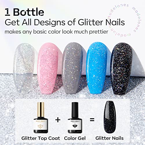 Modelones Glitter Gel Top Coat - Iridescent Silver Sparkle