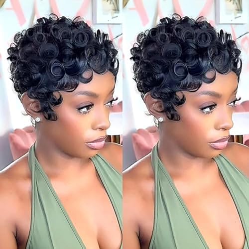 Yrenrea Black Finger Wave Human Hair Pixie Wig Short Curly Glueless Daily Use