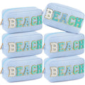 Sanwuta 6 Pack Seersucker Beach Makeup Bags with Chenille Letters