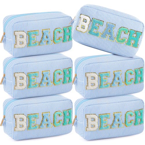 Sanwuta 6 Pack Seersucker Beach Makeup Bags with Chenille Letters