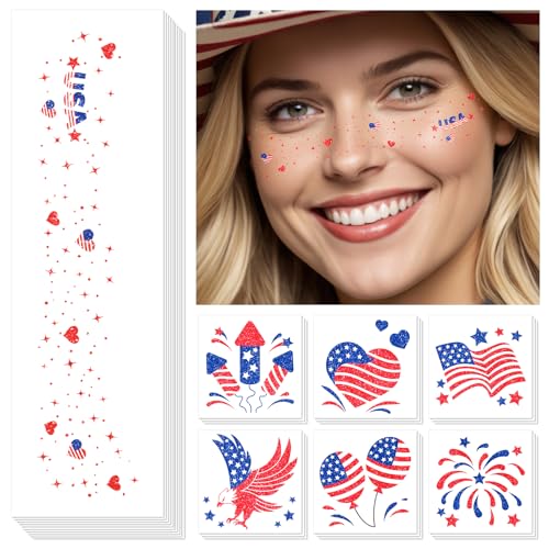 Cerlaza Labor Day Decorations, Glitter Freckles Face Tattoo with American Flag Design, Red White Blue Usa Accessories, 4th of July Independence Day Fake Tattoos Makeup Kit, Rave Outfits for Women