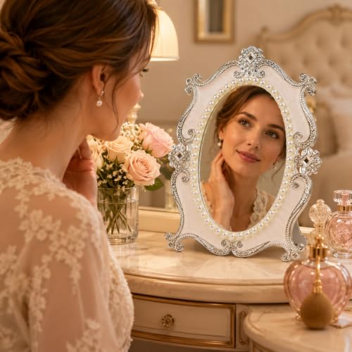 Nerien Vintage Oval Mirror with Stand, Pearl Floral Frame