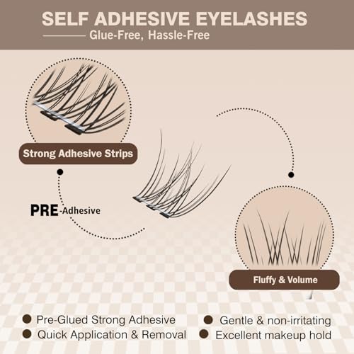 Self Adhesive Lash Clusters No-Stem 10-12mm Short Lash Clusters 156pcs Clear Invisible Band Pre Glued DIY Eyelashes Natural Soft Wispy C-Curl Individual Eyelash Extensions with Tweezers EPUDY FIHSALA