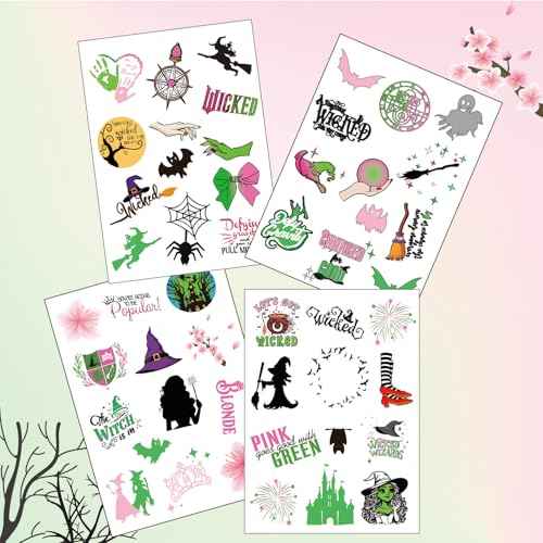 Wicth Birthday Party Decorationas favors,50 Style Wicked Temporary Tattoos for Kids,Pink and Green Party Decorations Supplies.