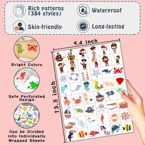 384 Temporary Tattoos for Kids - 8 Sheets Party Favors