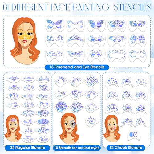 Thenshop 89 Pcs Face Paint Stencils Kits Includes 61 Reusable Facial Painting Stencils with 6 Stickers 12 Face Paint Sponges 10 Painting Brushes Tattoo Templates for Party Adults Makeup