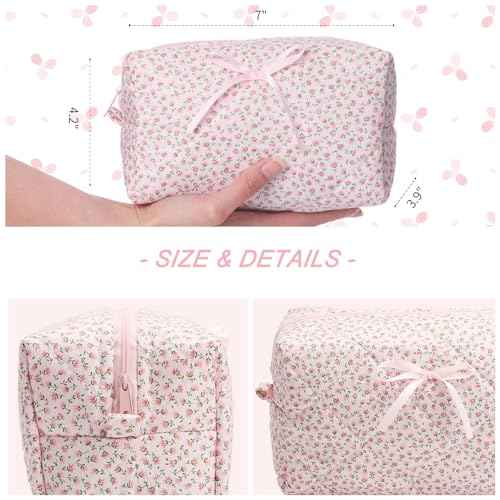 Quilted Makeup Bag, Floral Cosmetic Bag Cute Handmade Aesthetic Pink Toiletry Bag Flower Coquette Accessories Cotton Pouch for Women