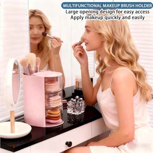 Hair Accessories Organizer with Hair Brush Holder, Rotatable Makeup Brush Holder for Necklaces, Earring, Bracelet, Ring, Makeup Brushes, Hair Clip and Hair Accessories (Pink, 3-Layer)