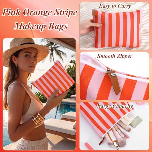 12 Pack Pink and Orange Striped Canvas Makeup Bags