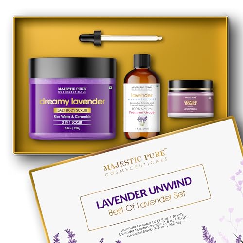 Majestic Pure Lavender Essential Oil & Body Scrub Set | 100% Pure & Natural Gift Set | Relaxing & Stress relief | pack of 3