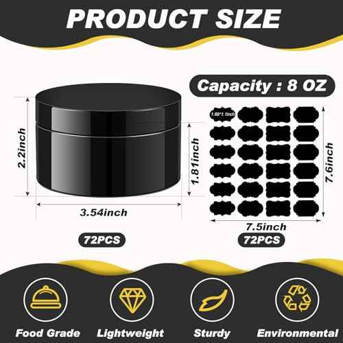Dandat 72 Pcs 8 oz PET Loose Powder Containers Plastic Jars with Lid and Label, Leak Proof Empty Cosmetic Jars for Lotion, Cream, Gel, Powder - Refillable Travel Storage Containers(Black)