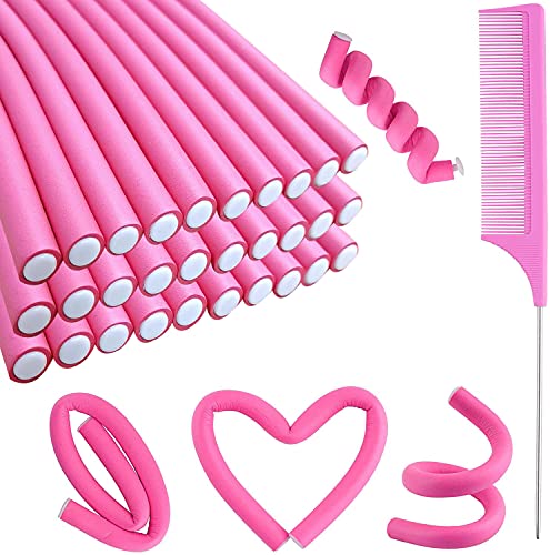 Flexi Rods Heatless Foam Hair Rollers Set - 30 Pcs Pink Curlers & Comb