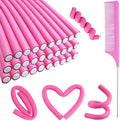 Flexi Rods Heatless Foam Hair Rollers Set - 30 Pcs Pink Curlers & Comb