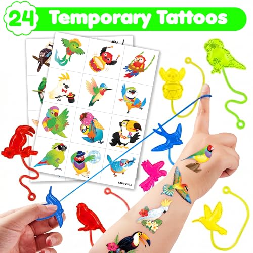 48 PCS Bird Tropical Party Favors Set - Stick Hands & Tattoos