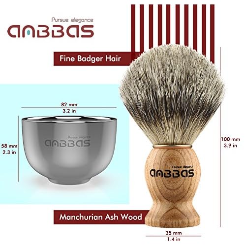 Anbbas Pure Badger Hair Shaving Brush Solid Manchurian Ash Wood Handle,Black Broken-Resistant Acrylic Shaving Stand,Stainless Steel Shaving Bowl Dia 3.2 inch and Goat Milk Soap 100g 4IN1 Set for Men