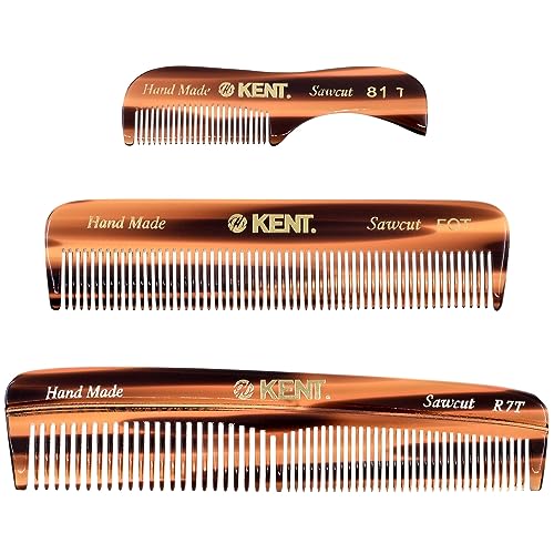 Kent Set Men's Hair Pocket Combs, Tortoise 81T X-Small, FOT All Fine Tooth, R7t Double Toothed Fine and Coarse. Best Hair, Beard and Mustache Grooming Kit for Travel and Home Care, Handmade in England