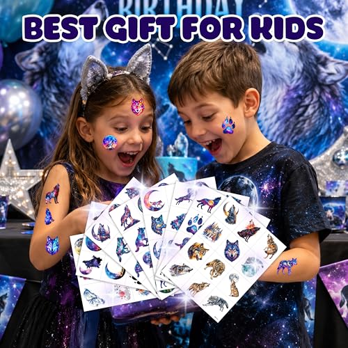 96 PCS Galaxy Wolf Temporary Tattoos for Kids