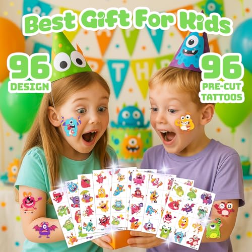 96 Pcs Cute Monster Temporary Tattoos for Kids Party