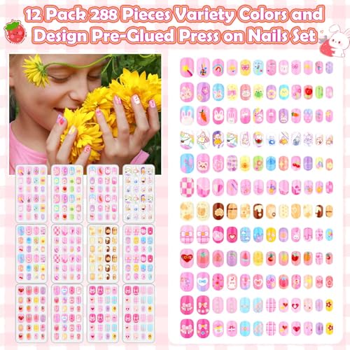 Kids Pink Fake Nails Set with 288 Self-Adhesive Press On Tips for Girls 8-12