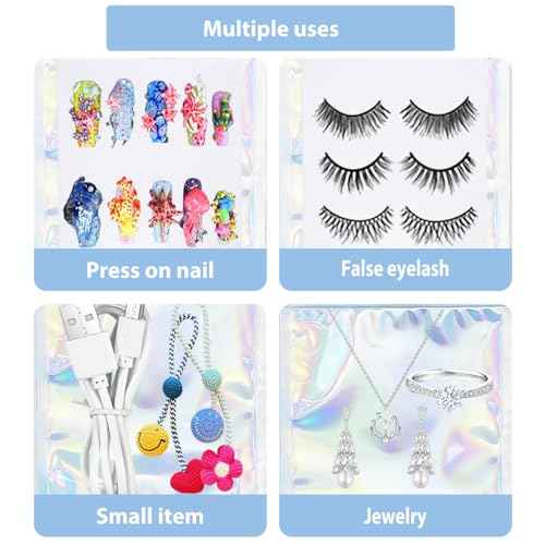 100 PCS Press On Nails Packaging Bag Holographic Nail Storage Bag and 100PCS Shiny White Pearl Card with 7 Sheets Pre-cut Nail Tape (Laser)
