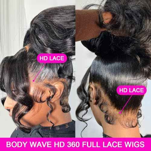 Ossilee 26 Inch Hidden Strap Glueless 360 Lace Front Wigs Human Hair Pre Cut Pre Bleached Pre Plucked Body Wave 360 Full Lace Wigs Human Hair for Black Women 200% Density HD Lace Front Wigs Human Hair