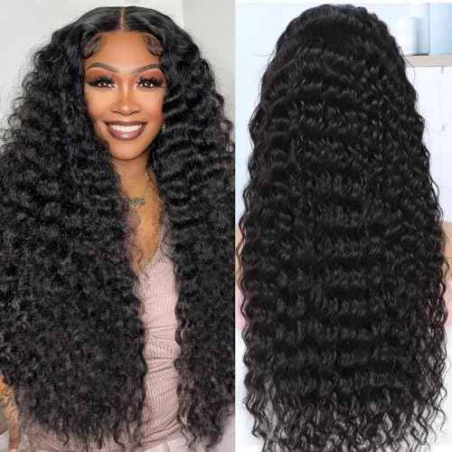 30 Inch 13x6 Deep Wave Lace Front Wigs Human Hair True 200 Density Pre Plucked Deep Wave Wig Human Hair 12A Glueless Wet and Wavy Curly Lace Frontal Wigs For Women Natural Black Color