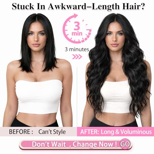 ALXNAN Clip-In Wavy Hair Extensions 20 Inch 4pc Set Black