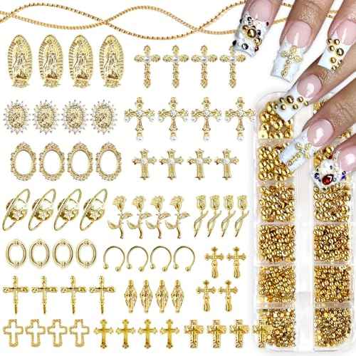 3D Cross Nail Charms,Gold Flat Back Nail Pearls Beads for Crafting,Cute Nail Charms Y2k Rhinestones Jewelry for Nail Art Flower Virgin Mary Religious Charms Gems Bulk Nail Chains (Gold)