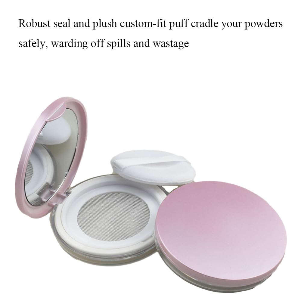 HAHIYO Empty Travel Powder Container Small Loose Powder Compact Case Makeup Cosmetic Jar Refillable Powder Box No Leak Powder Holder with Elastic Mesh Sifter Pink Lid and Mirror, 2Pcs 5ml/0.2oz