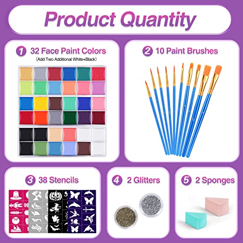 VESPRO Professional Face Painting Kit - 32 Colors, 10 Brushes & Stencils