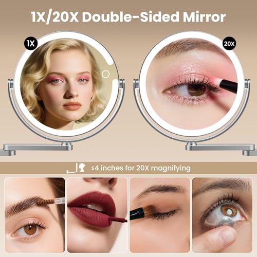 Wall Mounted Makeup Mirror with Lights, 8-inch 20X/1X Magnifying Mirror, Rechargeable LED Vanity Mirror with 3 Color Lights, 360¡Æ Swivel & Extendable Arm