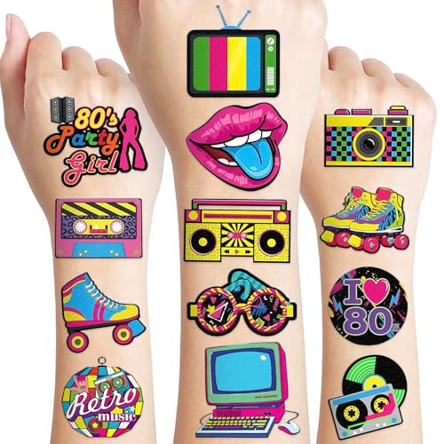 80s Temporary Tattoos 96 PCS Retro Party Favors for Kids