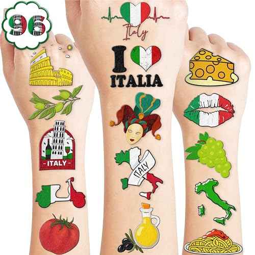 96 PCS Italian Italy Pre-Cut Rome Temporary Tattoos Themed Birthday Party Decorations Supplies Favors D?cor Flag Inspiring Tattoo Stickers Gifts For Game Boys Girls Classroom School Prizes Reward