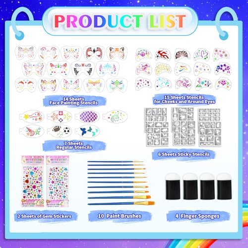 Face Paint Stencil Kit - 58 Piece Set with Brushes & Gems