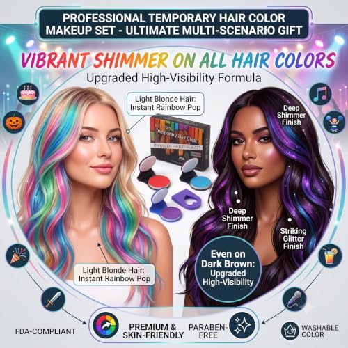 Shimmer Hair Chalk Set - Washable Temporary Hair Color for Festivals & Cosplay, 8 Vibrant Glitter Shades