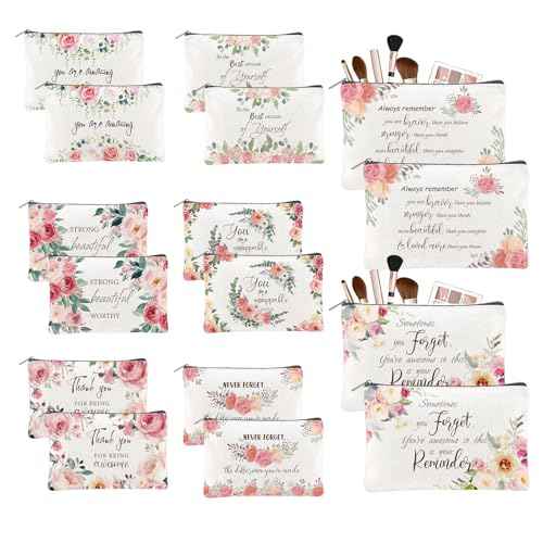 16PCS Canvas Cosmetic Bags Bulk Inspirational Quotes Makeup Bags for Women Encouragement Travel Pouch with Zipper Flower Cosmetic Pouch for Christmas Friendgiving Friend Gifts