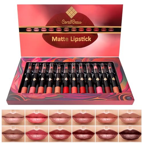CoralBeau Matte Lipstick Set - 12 Shades Waterproof Long-Wear