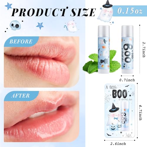 24 Pcs Halloween Baby Shower Favors a Little Boo Is Almost Due Baby Shower Gifts Girl Boy 0.15oz Lip Balms Bulk for Prizes Gender Reveal Souvenirs Gift Bags Stuffers Supplies (Blue)
