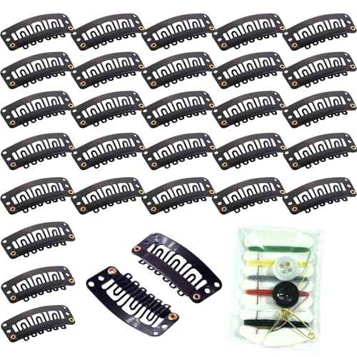 30 Pieces Wig Clips to Secure, Flat Hair Clip, Hair Extension Clip with Thread Kit, Hair Extensions Clip for Women, Bangs Hair Clip DIY Set for Kids and Pets, Black Chunni Clips
