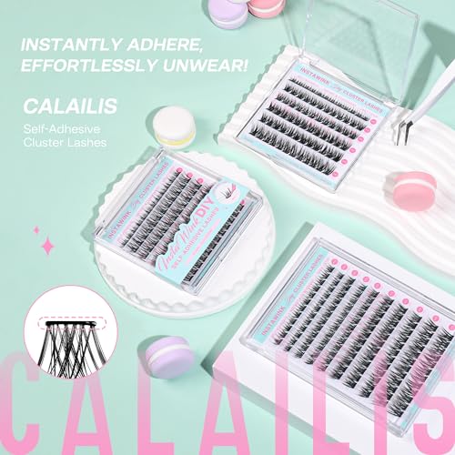 CALAILIS Self Adhesive Eyelashes 120Pcs D Curl Press on Wispy Lash Clusters No Glue Needed DIY Cluster lashes Pre Glued Reusable Glueless Eyelash Clusters Kit with Tweezers for Beginners (ZBP08)