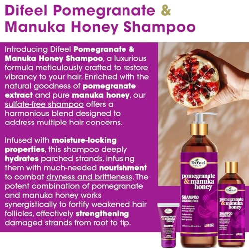 Difeel Pomegranate & Manuka Honey Shampoo & Conditioner 4-PC Set - Includes 33.8oz Shampoo, 33.8oz Conditioner, 8oz Leave in Spray and 7.1oz Hair Oil