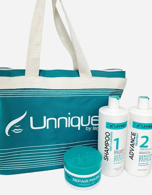 UNNIQUE Advanced Keratin Treatment Kit 32 Oz - Brazilian Smoothing System for Ultimate Hair Repair & Shine + FREE Beach Bag